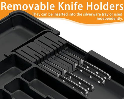 Homecor Silverware Organizer - Expandable Kitchen Drawer Utensil Tray with 2 Removable Knife Blocks | 22"x19" (Black)