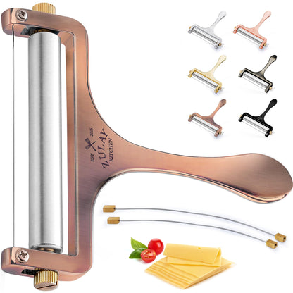 Zulay Cheese Slicer With Adjustable Thickness - Wire Cheese Slicer For Mozzarella Cheese, Cheddar Cheese, Gouda Cheese - Cheese Slicers For Block Cheese Heavy Duty With 2 Extra Wires (Copper)