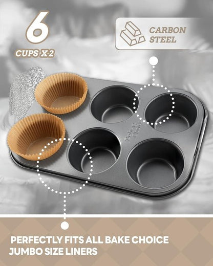 Bake Choice Jumbo Muffin Pan Set - Nonstick 6 Cup Design with 50 Natural Jumbo Cupcake Liners