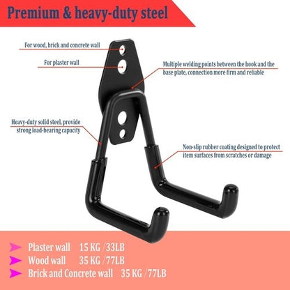 Garage Tool Organizer - Heavy Duty Steel Hooks for Ladders, Garden Tools & Bikes | 4 Pack