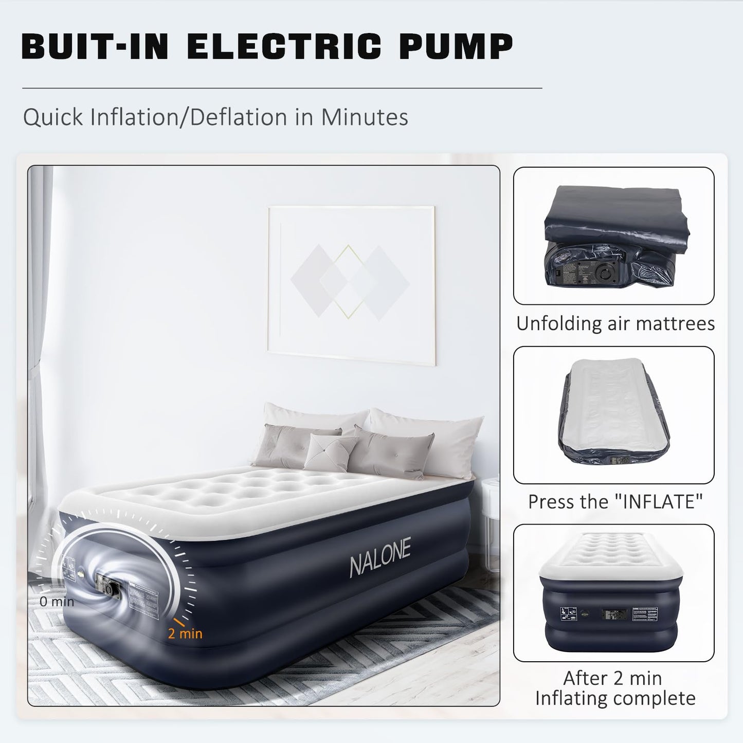 nalone Air Mattress Twin with Built in Pump, 18'' Luxury Self Inflatable Mattress, 2025 Upgraded Fast Blow Up Mattress with Carry Bag, Portable Air Bed for Home, Travel & Camping, 500lbs Max