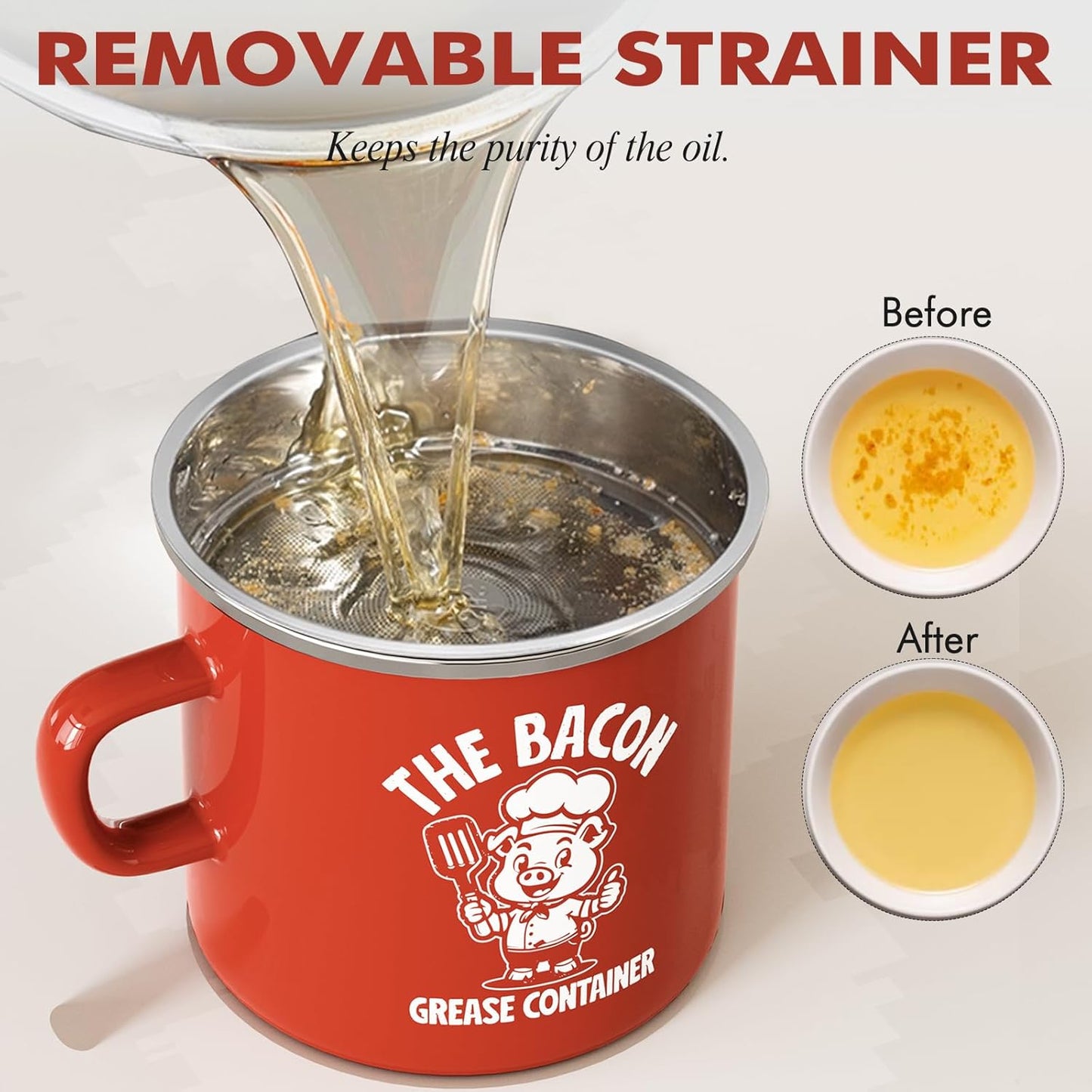 PGYARD Mini Bacon Grease Saver - 15oz Enamel Container with Strainer | Farmhouse Kitchen Fat Keeper - Red