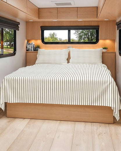 RV Short Queen Sheet Set 60 X 75 - 4 Piece RV Short Queen Bed Sheets - Soft, Breathable & Cooling - Designed for Bunks, Trailers & Campers - Fits 8” to 12" Mattress - Luxury Bedding - Beige Stripes 2