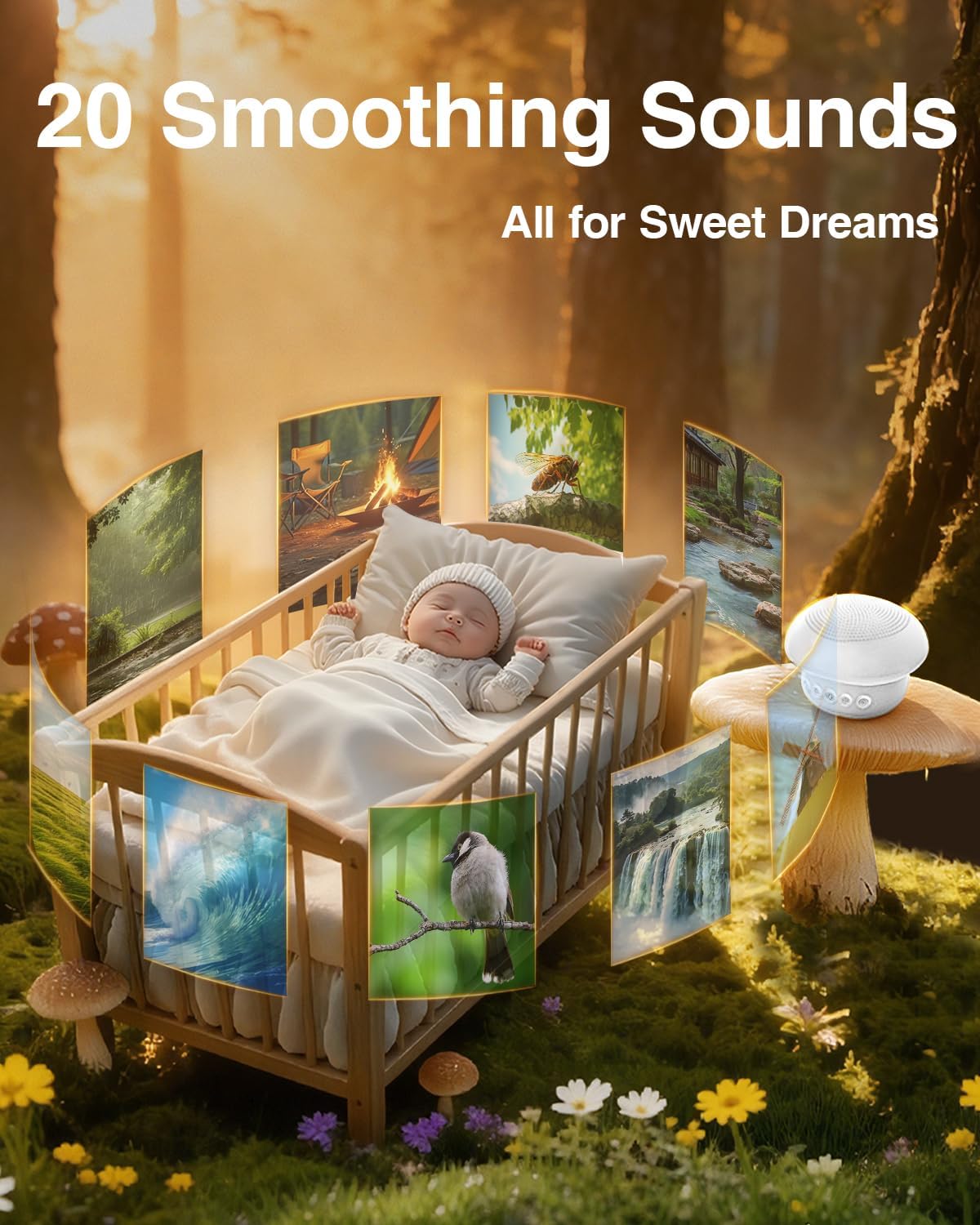Skiennix Portable White Noise Sound Machine - 20 Soothing Sounds, 48H Battery Life, Night Light & Timers