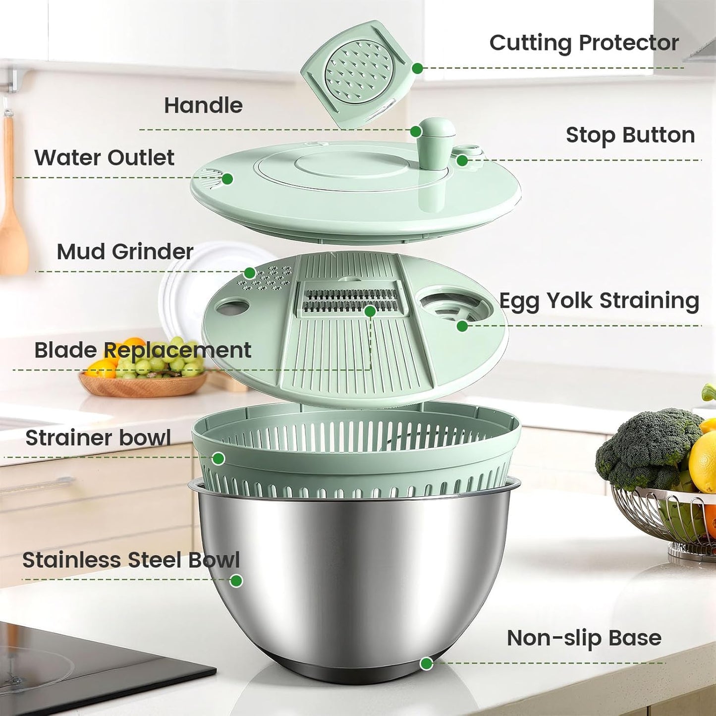 Stainless Steel Salad Spinner - 3-in-1 One-Touch Stop & Non-Slip Base | 5.3 Qt Vegetable Dryer for Healthy Living