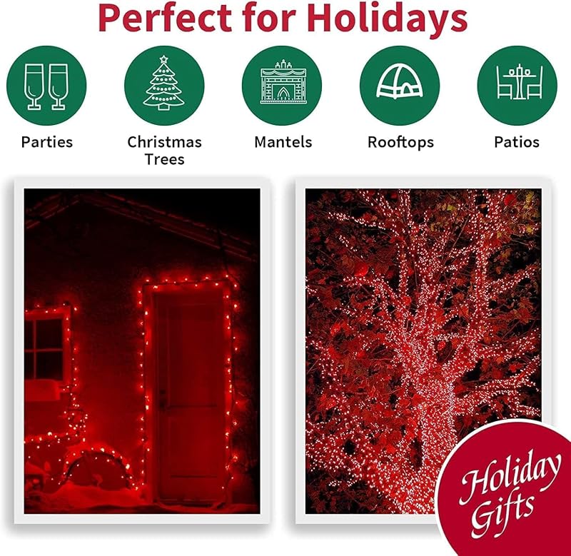 66ft Christmas LED String Lights 200 Red LEDs Green Wire Plug-In with 11 Modes - IP44 Waterproof Indoor/Outdoor, 66ft + 19.2ft Lead, Red (Variation: Red+200LED)