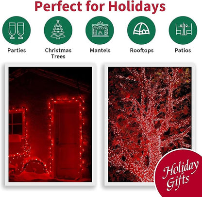 66ft Christmas LED String Lights 200 Red LEDs Green Wire Plug-In with 11 Modes - IP44 Waterproof Indoor/Outdoor, 66ft + 19.2ft Lead, Red (Variation: Red+200LED)