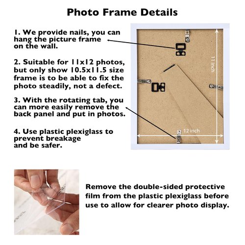 JCJMY 11x12 Picture Frame White for Wall Hanging or Tabletop, Wall Mounting Horizontally or Vertically, 11 x 12 Wall Gallery Poster Photo Frame with Shatter Resistant Plexiglass, White