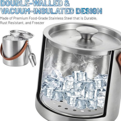 Loungewave Ice Bucket with Lid, 3L Double Wall Insulated Ice Bucket with Scoop, Tong, Strainer and Leather Handle, Ice Container to Keep Ice Frozen Longer, Ideal for Cocktail Bar, Parties