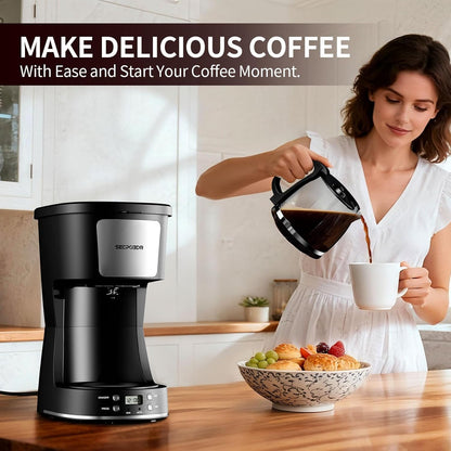 Skiennix 12-Cup Drip Coffee Maker - Programmable, Reusable Filter, Compact Design | Silver & Black
