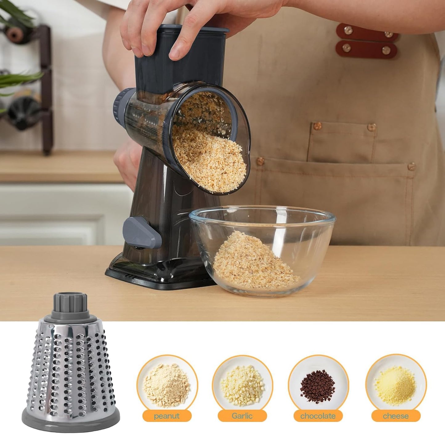 Rotary Cheese Grater by [Brand Name] - Versatile Non-Slip Suction Base | Compact Kitchen Tool for Cheese, Carrots & More (Gray)