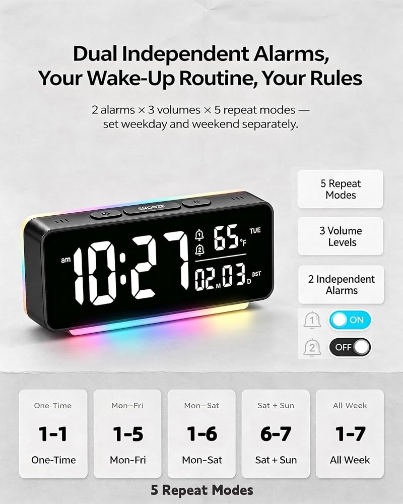 Digital Alarm Clock with RGB LED Light, Large Display, Dual Alarm, Temperature & Date