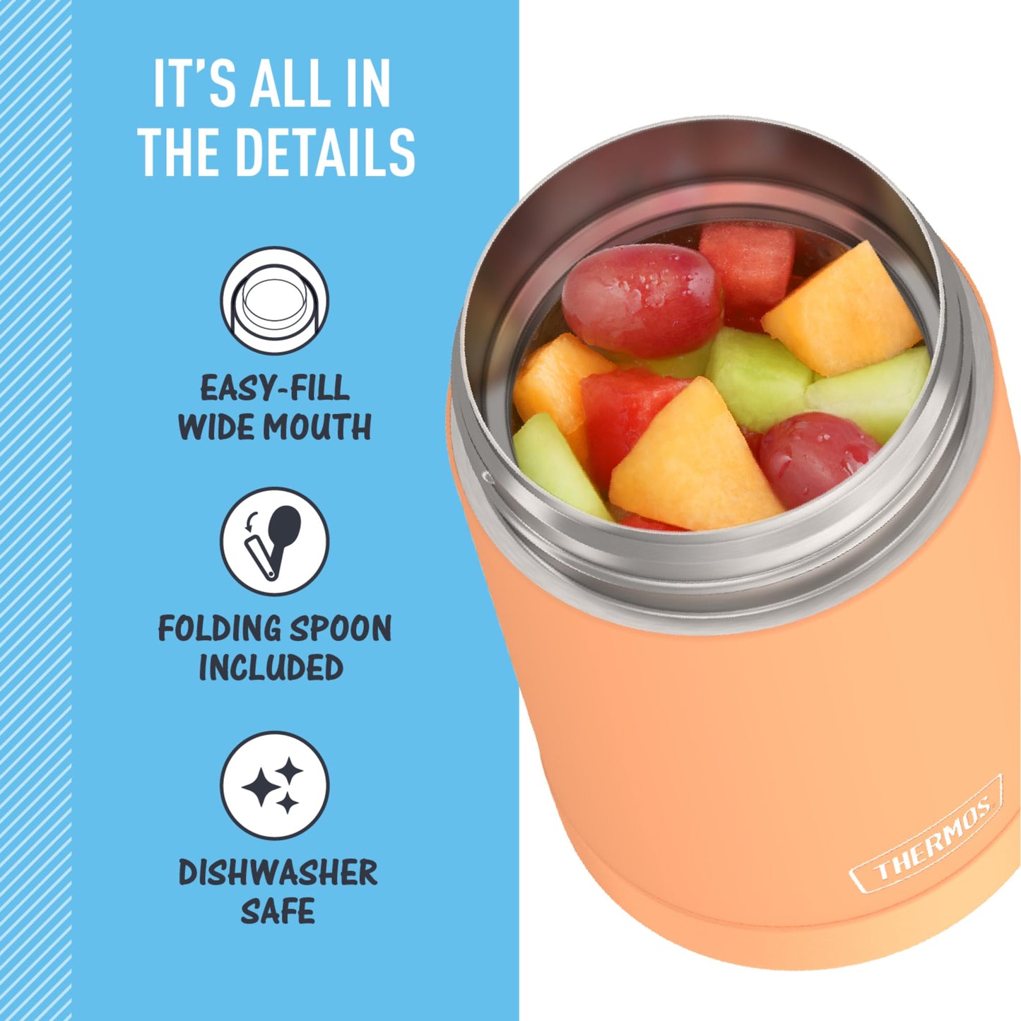 THERMOS FUNTAINER 16 Ounce Stainless Steel Vacuum Insulated Food Jar with Folding Spoon, Neon Orange