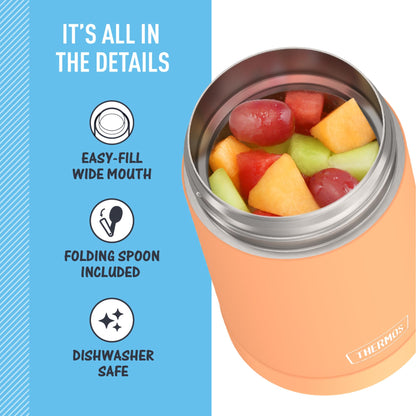 THERMOS FUNTAINER 16 Ounce Stainless Steel Vacuum Insulated Food Jar with Folding Spoon, Neon Orange