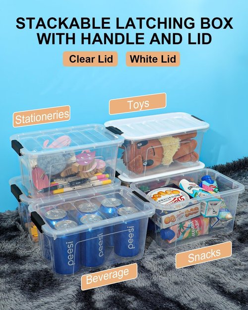 EOENVIVS Plastic Storage Bins - 7 Quart Stackable Containers with Lids & Black Buckle Latch | 6 Pack for Home & Office Organization