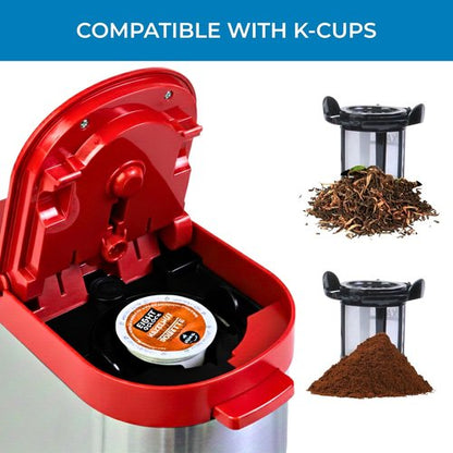 Kenmore Single Serve Coffee Maker - Compatible with Keurig K-Cup Pods & Ground Coffee | Travel Mug Friendly, Auto Shut-Off, Red