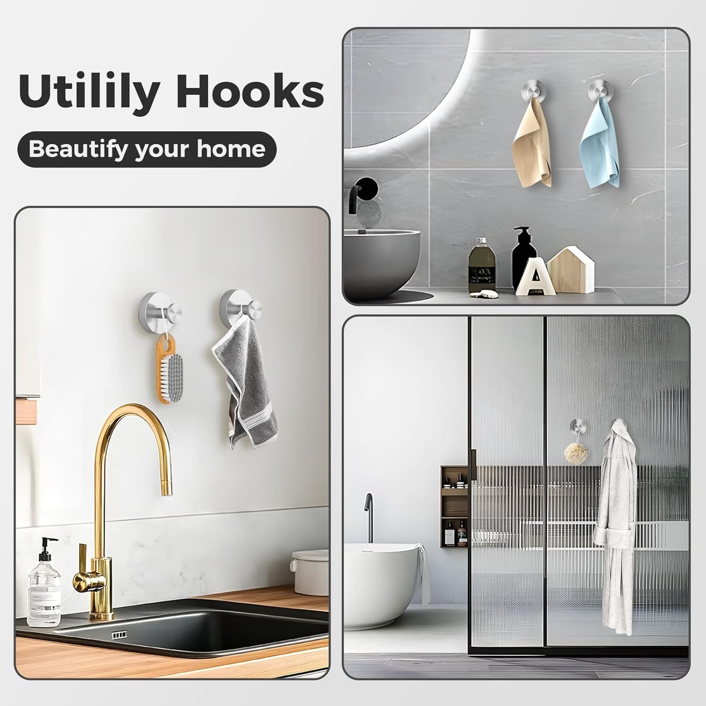 Skiennix Shower Hooks - Removable Suction Cup Design for Glass Windows | 4-Pack Silver