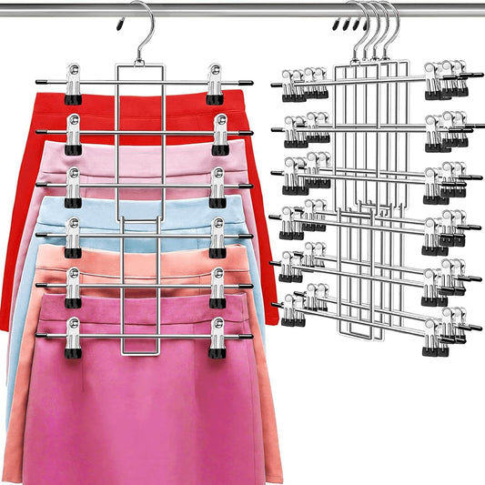 Skiennix Pants Hangers with Clips - Space-Saving 6-Tier Closet Organizer | 360° Swivel Hook - 4 Pack