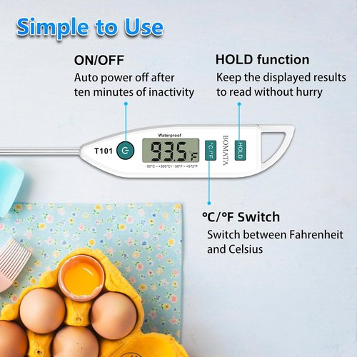 BOMATA Waterproof IPX7 Instant Read Food Thermometer - Long Probe for Cooking, Meat & BBQ | T101 White