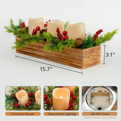 Skiennix Christmas Table Centerpiece - 3 Flameless LED Candles with Pine Cones & Red Berries | Rustic Wood Holders for Holiday Dining