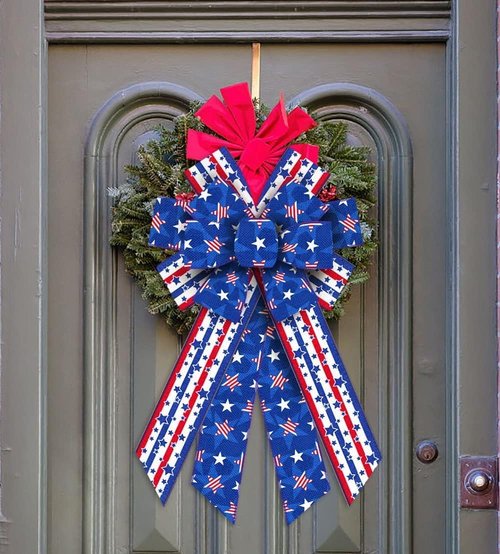 Hying Patriotic 4th of July Bows - Large Red, Blue & Stripe Burlap Wreath Decor | Memorial Day Tree Topper