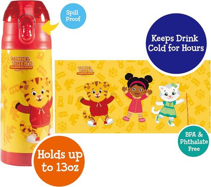 Daniel Tiger Stainless Steel Water Bottle - 13 oz Insulated, Spill-Proof Lid with Straw | Yellow, Perfect for Kids