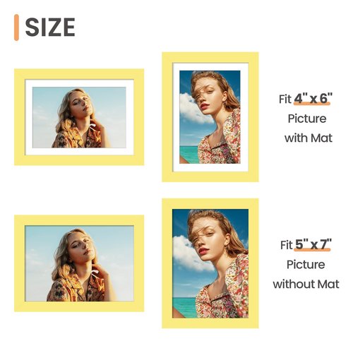 upsimples 5x7 Picture Frame, Display Pictures 4x6 with Mat or 5 x 7 Without, Wall Hanging Photo Frames, Yellow, 1 Pack