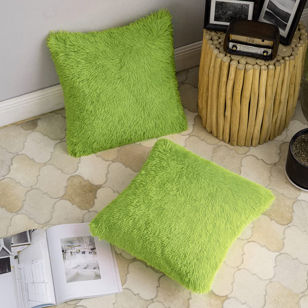 ANRODUO Pack of 2 Lime Green Throw Pillows Luxury Fluffy Pillows Faux Fur Decorative Pillows Plush Cushion Case Fuzzy Mongolian Merin Style for Bed Couch Sofa Living Room Fall Home Decor 26x26 Inch