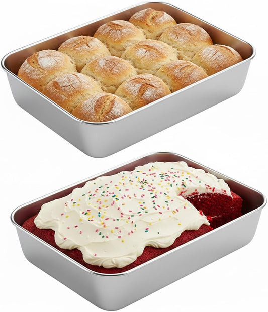 Stainless Steel Baking Pan Set by [Brand Name] - 2 Pack Rectangular Cake & Roasting Pans | Oven & Dishwasher Safe, 9.84 x 7.87 x 2 Inch