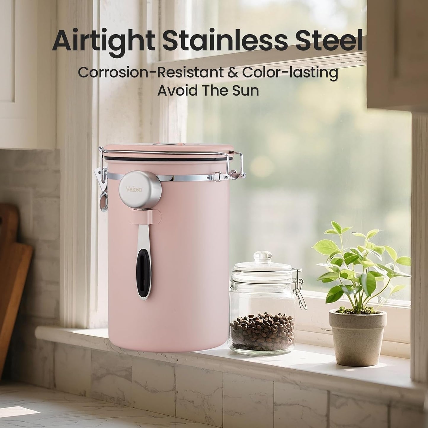 Veken Coffee Canister - 39oz Airtight Stainless Steel Storage for 2.2lbs Coffee, Sugar, Tea | Pink with Date Tracker & Scoop