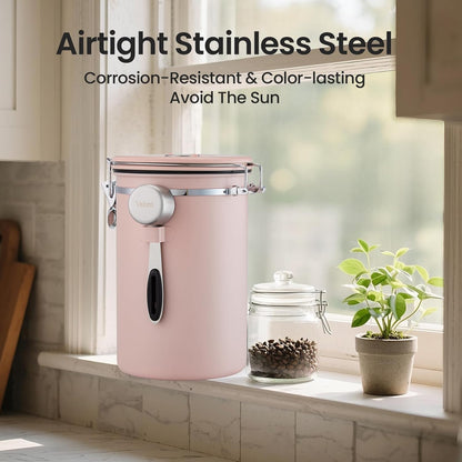 Veken Coffee Canister - 39oz Airtight Stainless Steel Storage for 2.2lbs Coffee, Sugar, Tea | Pink with Date Tracker & Scoop
