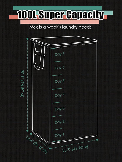 WTREE Laundry Hamper - Sturdy 100L Collapsible Basket with Lid & Removable Liner - Grey
