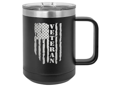 15 Ounce Tattered American Flag Veteran Stainless Steel Coffee Mug Tumbler with Lid