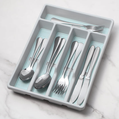 CherHome Silverware Organizer with Cutlery Icons，Silverware Tray for Kitchen Drawer，Plastic Flatware Tableware Silverware Drawer Organizer Utensil Organizer with Non-slip TPR Linings，5-Compartment