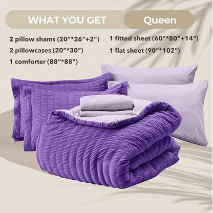 HYMOKEGE Queen Comforter Set - Dark Purple & Lavender Seersucker | 7-Piece All-Season Luxury Bedding Set