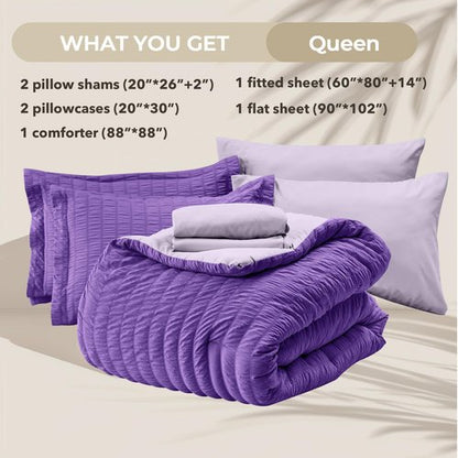 HYMOKEGE Dark Purple/Lavender Queen Comforter Set Seersucker 7 Pieces, All Season Luxury Bed in a Bag Queen for Bedroom, Bedding Set with Comforter, Sheets, Pillowcases & Shams