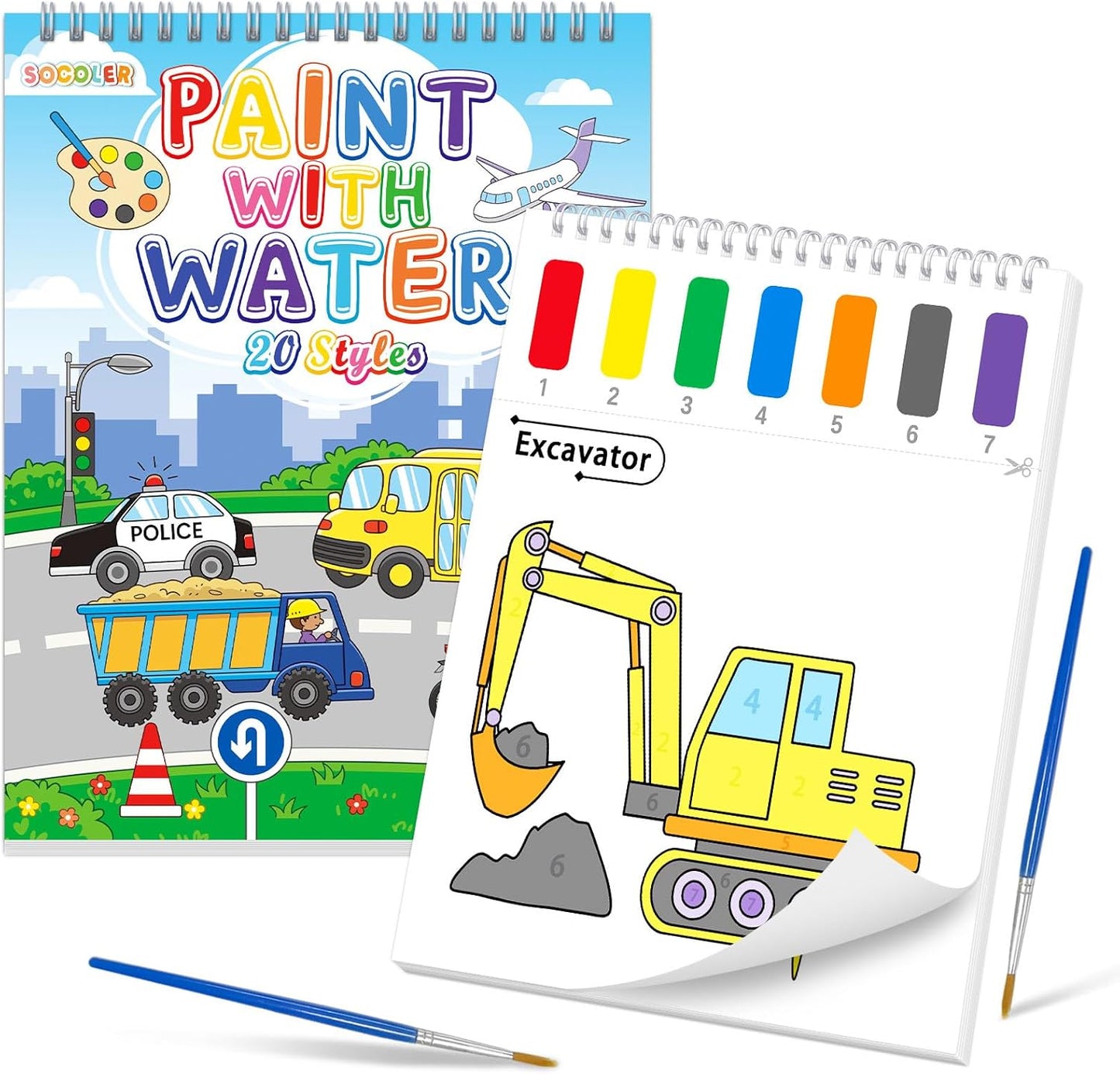SOCOLER Watercolor Painting Kit - Mess-Free Traffic Theme Coloring Books for Toddlers Ages 1-8