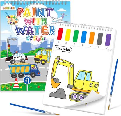 SOCOLER Watercolor Painting Kit - Mess-Free Traffic Theme Coloring Books for Toddlers Ages 1-8