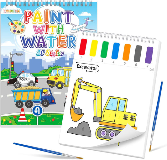 SOCOLER Watercolor Painting Kit - Mess-Free Traffic Theme Coloring Books for Toddlers Ages 1-8
