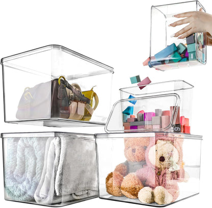 Skiennix Storage Boxes - 5 Pack Transparent Food Organizers | Stackable Lidded Bins (3 XL + 2 M)