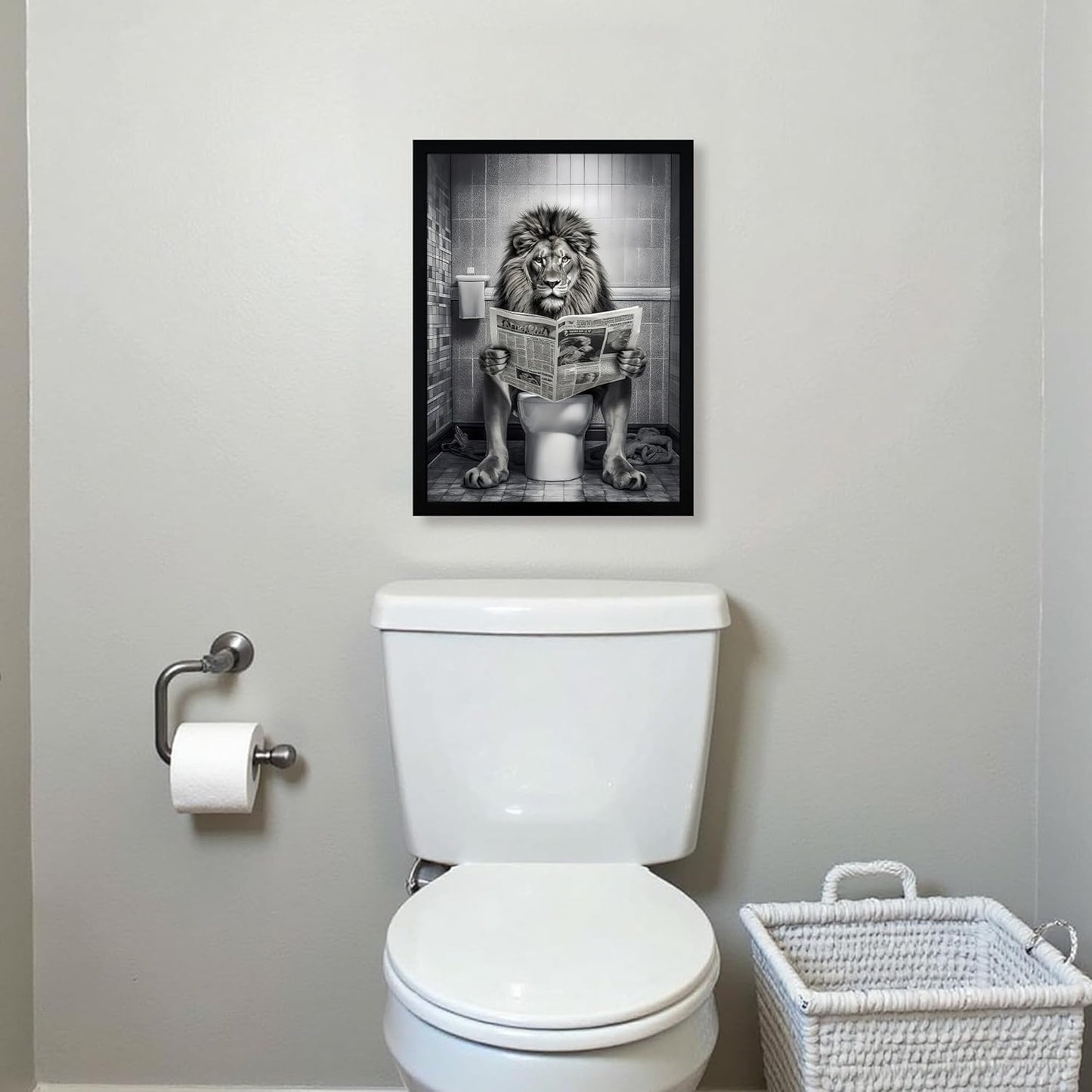 URMOYA Majesty Lion Bathroom Wall Art - Funny Canvas Print of Lion Reading Newspaper | 12x16 Inch Framed Decor