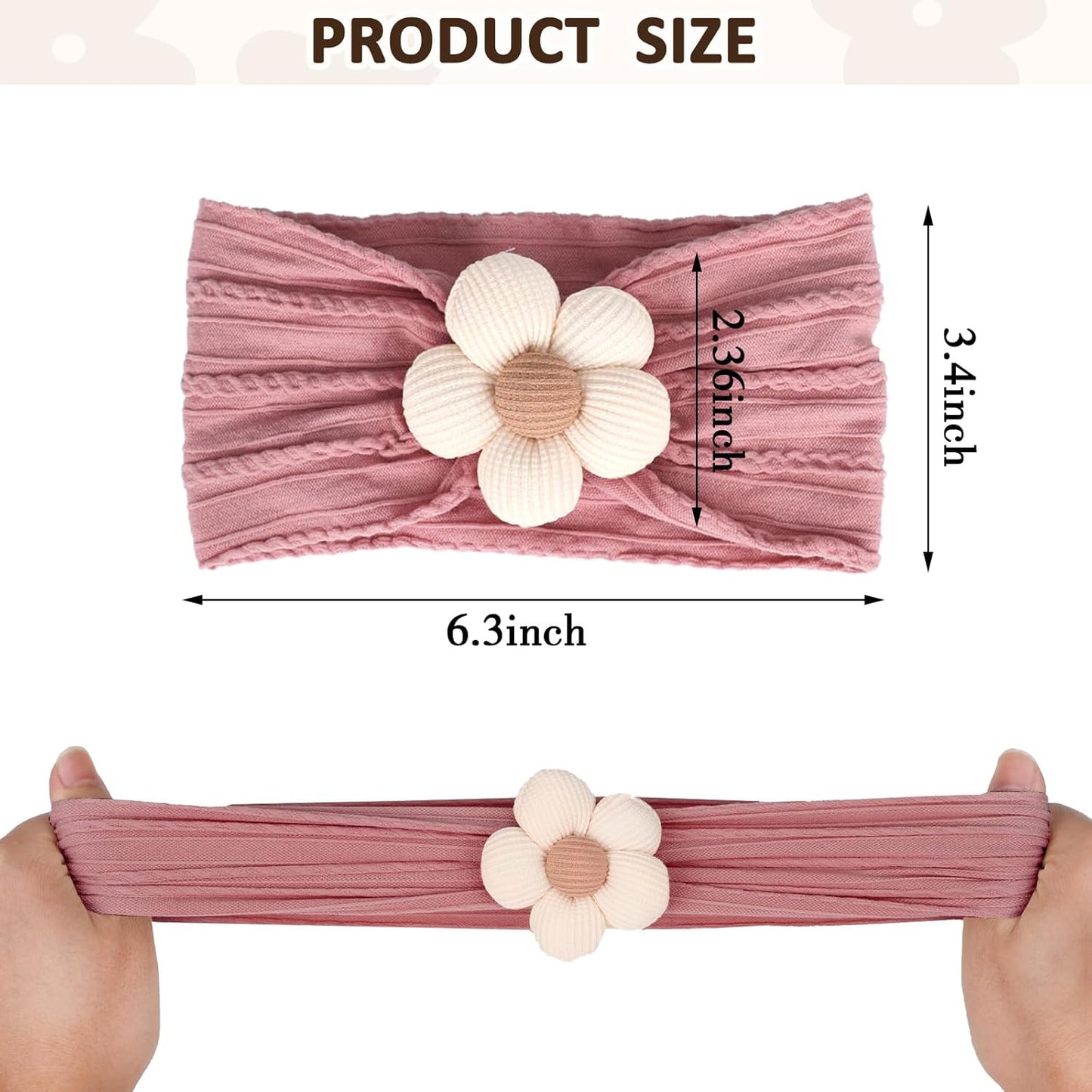 MIUXUESO Baby Flower Headbands - Soft Nylon Hair Accessories for Newborns & Toddlers | 3 Pcs Set (Yellow, Pink, Brown)