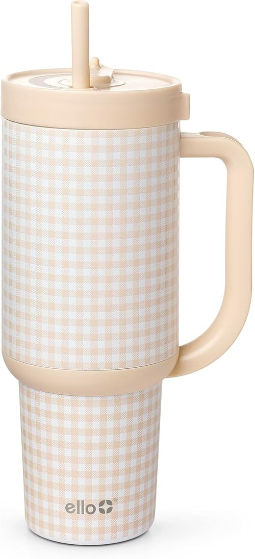 Ello Oasis 40oz Stainless Steel Water Bottle - Stylish Beige Gingham Design