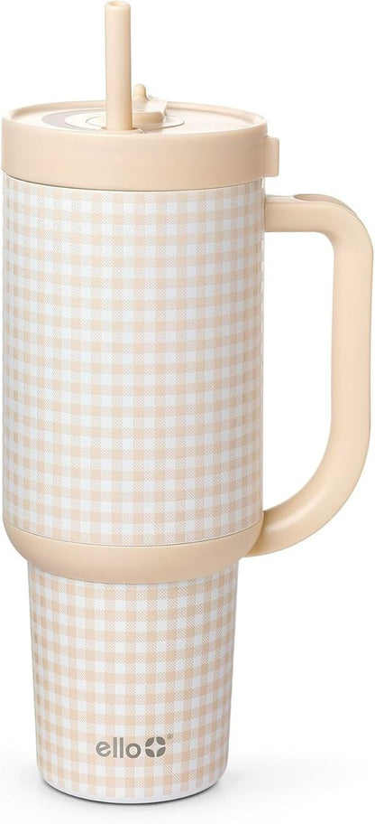 Ello Oasis 40oz Stainless Steel Water Bottle - Stylish Beige Gingham Design