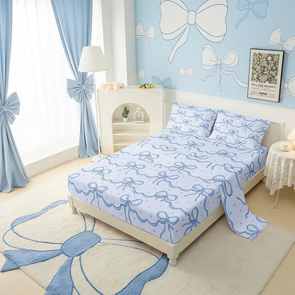 Bow Kids Sheets Set Full Size with Bowknot 16" Deep Pocket - Blue