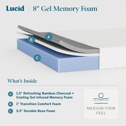 Lucid 8 Inch Memory Foam Mattress - Medium Firm - Bamboo Charcoal & Cooling Gel - Twin Size