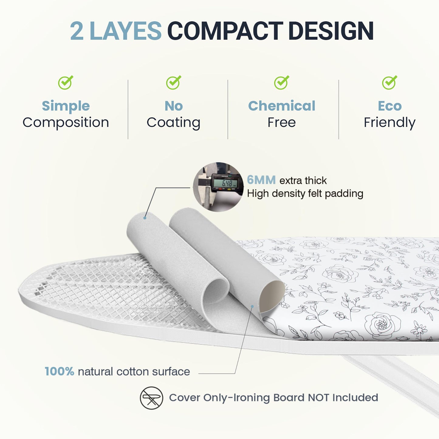 UniSimp Ironing Board Cover and Pad 15"x54" Extra Thick Natural Cotton, Scorch and Stain Resistant Padding, Standard Size Iron Board Cover with Fasteners Heavy Duty Elastic Edge, Heatproof Rose