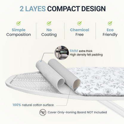 UniSimp Ironing Board Cover and Pad 15"x54" Extra Thick Natural Cotton, Scorch and Stain Resistant Padding, Standard Size Iron Board Cover with Fasteners Heavy Duty Elastic Edge, Heatproof Rose