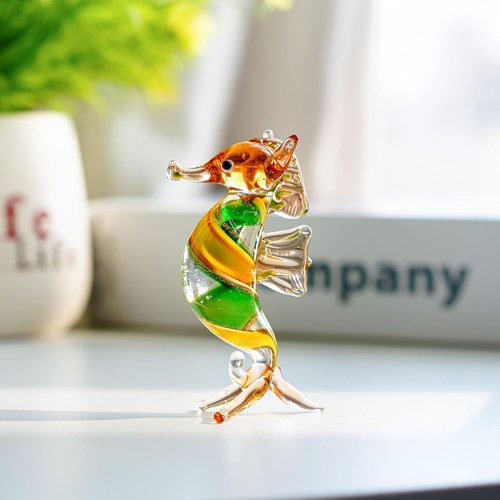 HDCRYSTALGIFTS Seahorse Art Glass Figurine - Handmade 3'' Miniature Ocean Decor Collectible