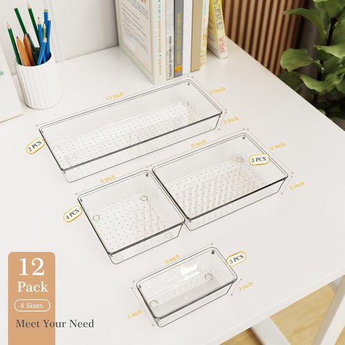 Criusia Drawer Organizer Set - 12 Pack Clear Plastic Storage Bins for Kitchen, Bathroom & Office | Versatile 4-Size Trays